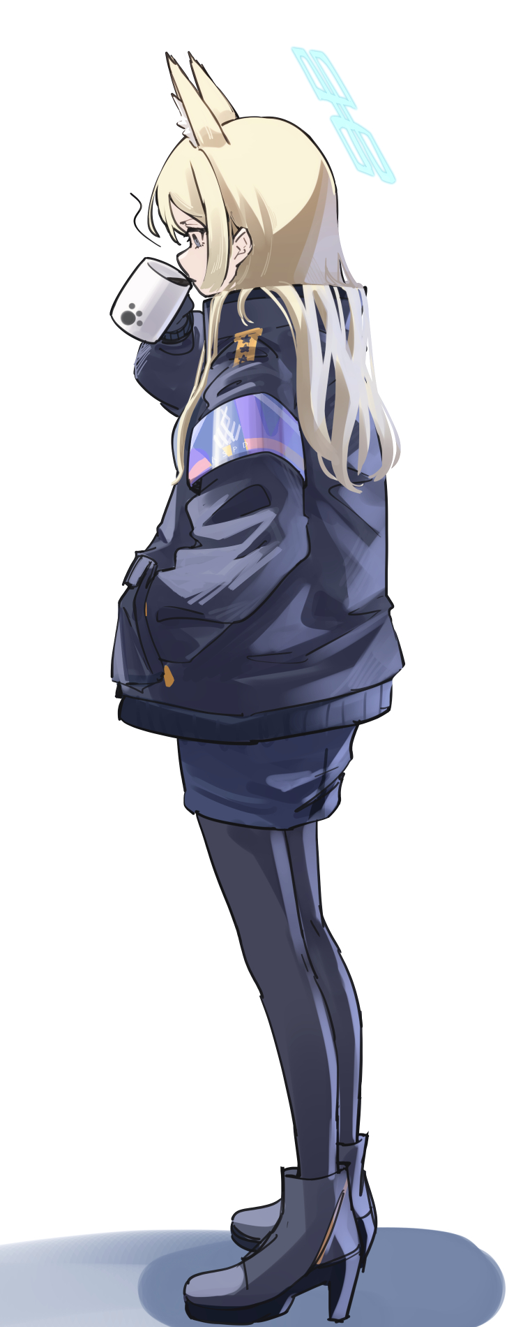 1girl animal_ear_fluff animal_ears black_gloves black_jacket black_pantyhose blonde_hair blue_archive blue_eyes blue_halo blue_skirt boots coffee coffee_mug cup drinking extra_ears full_body gloves grey_footwear halo high_heel_boots high_heels highres holding holding_cup jacket kanna_(blue_archive) long_hair long_sleeves mug namaonpa pantyhose simple_background skirt solo standing white_background