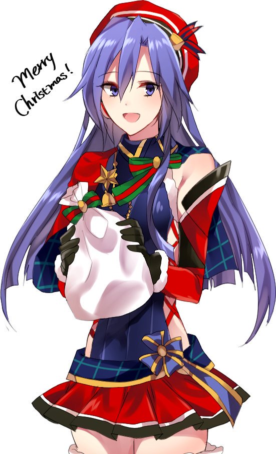 bag bare_shoulders beret black_gloves blue_eyes blue_hair cowboy_shot detached_sleeves fur_trim gift gloves hat kazanari_tsubasa long_hair looking_at_viewer merry_christmas miniskirt purple_eyes purple_hair resyeol senki_zesshou_symphogear senki_zesshou_symphogear_xd_unlimited simple_background skirt solo thighhighs white_background zettai_ryouiki