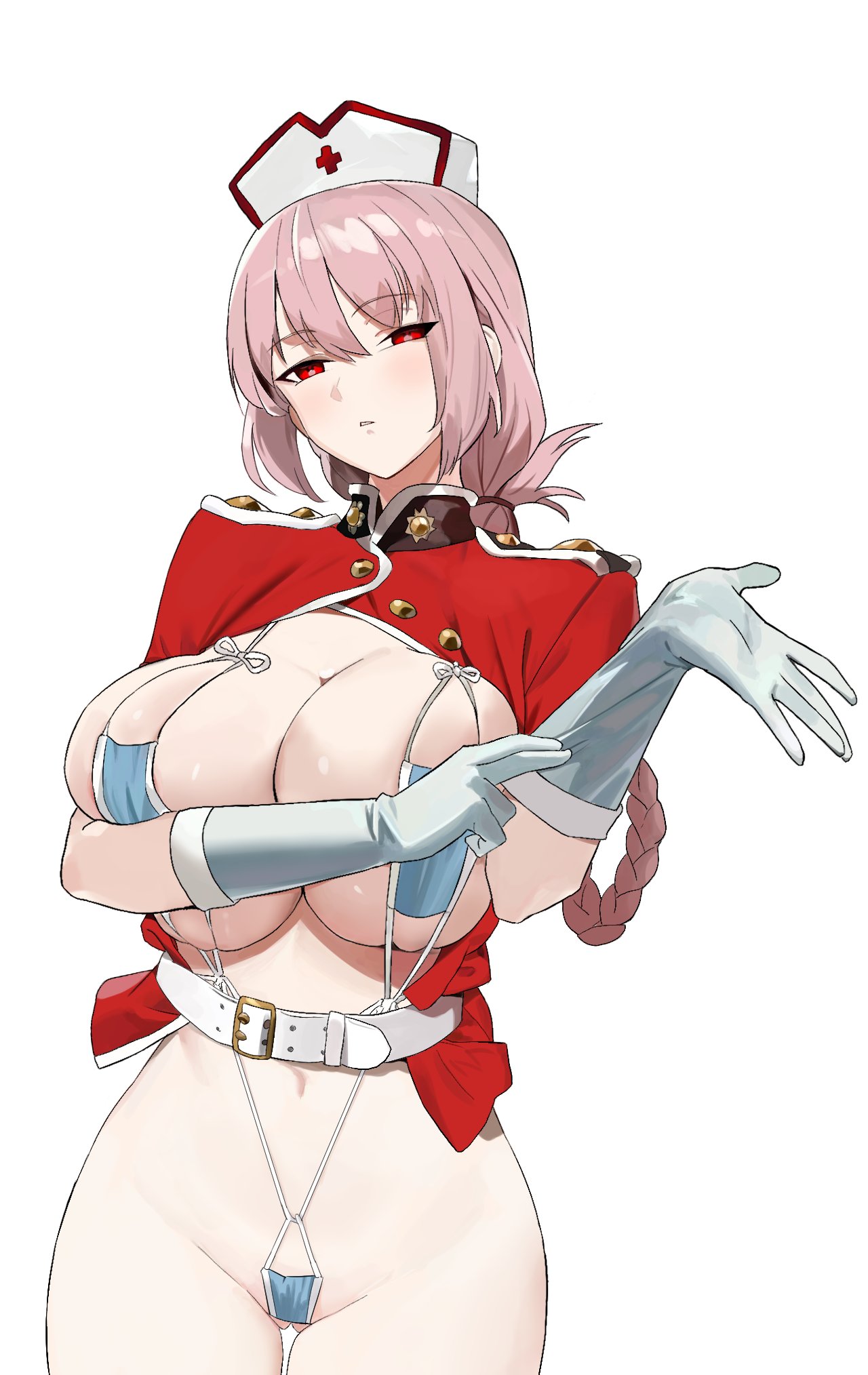 1girl blush braid breasts cleavage fate/grand_order fate_(series) florence_nightingale_(fate) gloves hair_between_eyes hat highres large_breasts long_hair looking_at_viewer mask_bikini nurse nurse_cap pink_hair red_eyes shrug_(clothing) simple_background solo syringe white_background white_gloves xunue3