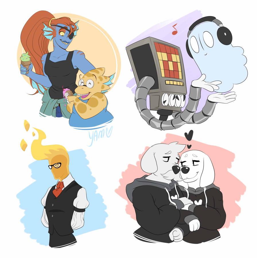 &lt;3 alphys canine clothing dessert dog dogamy dogaressa duo elemental eye_patch eyewear facial_hair fire_elemental fish food ghost glasses grillby headphones ice_cream lizard machine mammal marine mettaton mustache napstablook necktie reptile robot scalie solo spirit suit undertale undyne video_games yamsgarden