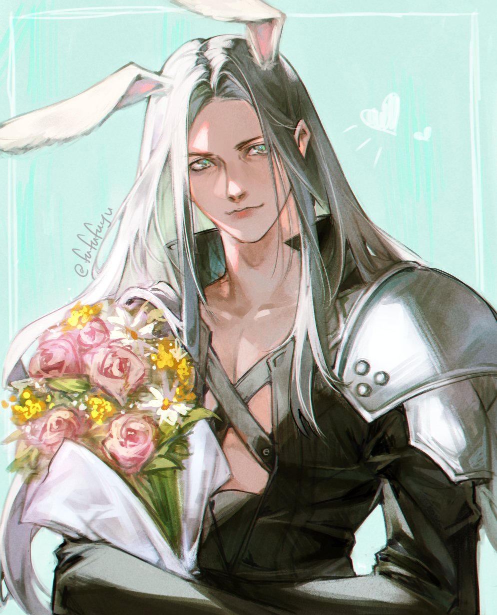 1boy :3 animal_ears armor bouquet chest_strap final_fantasy final_fantasy_vii final_fantasy_vii_remake flower grey_hair heart highres holding holding_bouquet holding_flower long_bangs long_hair long_sleeves male_focus negi_(fufufuyu) parted_bangs pauldrons rabbit_ears rose sephiroth shoulder_armor twitter_username upper_body