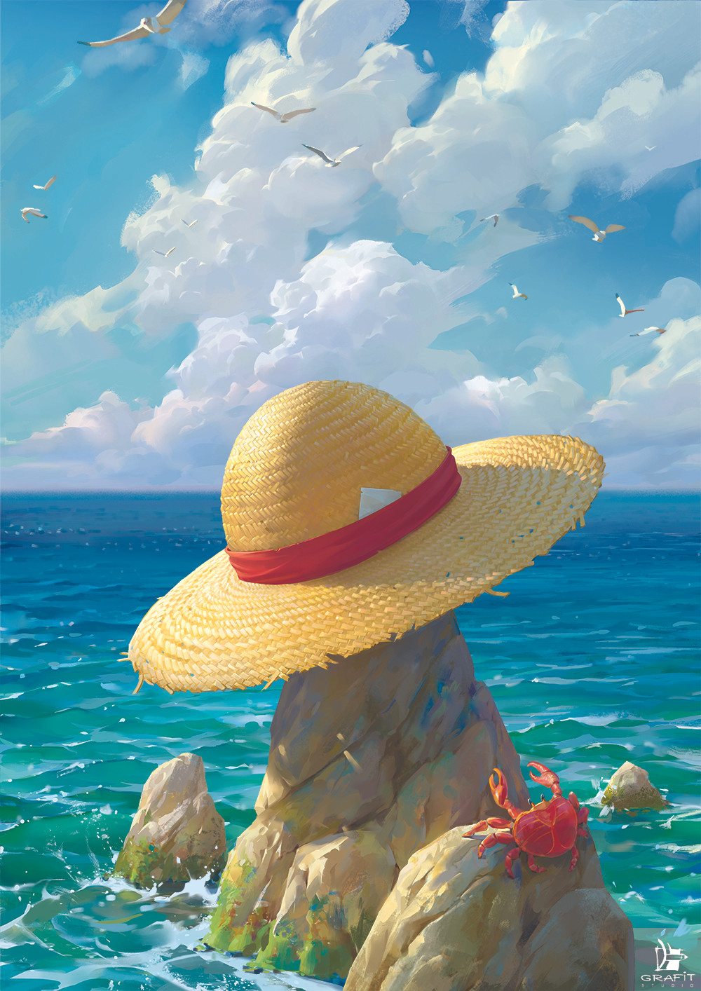 animal artist_name bird blue_sky brown_hat cloud cloudy_sky crab day grafit_studio hat highres horizon no_humans ocean one_piece outdoors paper seagull sky straw_hat sun_hat