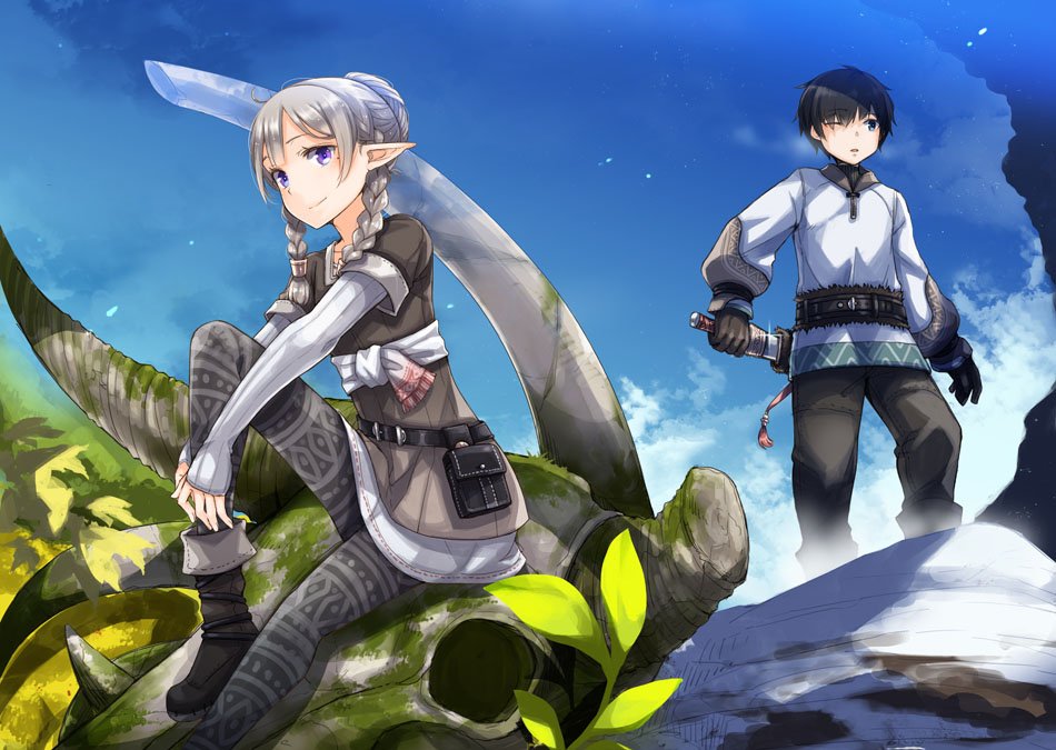 1boy 1girl animal_skull ayakura_juu belt black_hair blue_sky boots braid commentary_request dagger day elf fantasy grey_hair holding holding_dagger holding_knife holding_weapon knife long_hair looking_at_viewer looking_to_the_side one_eye_closed original outdoors parted_lips pointy_ears purple_eyes sitting sky smile tunic twin_braids weapon