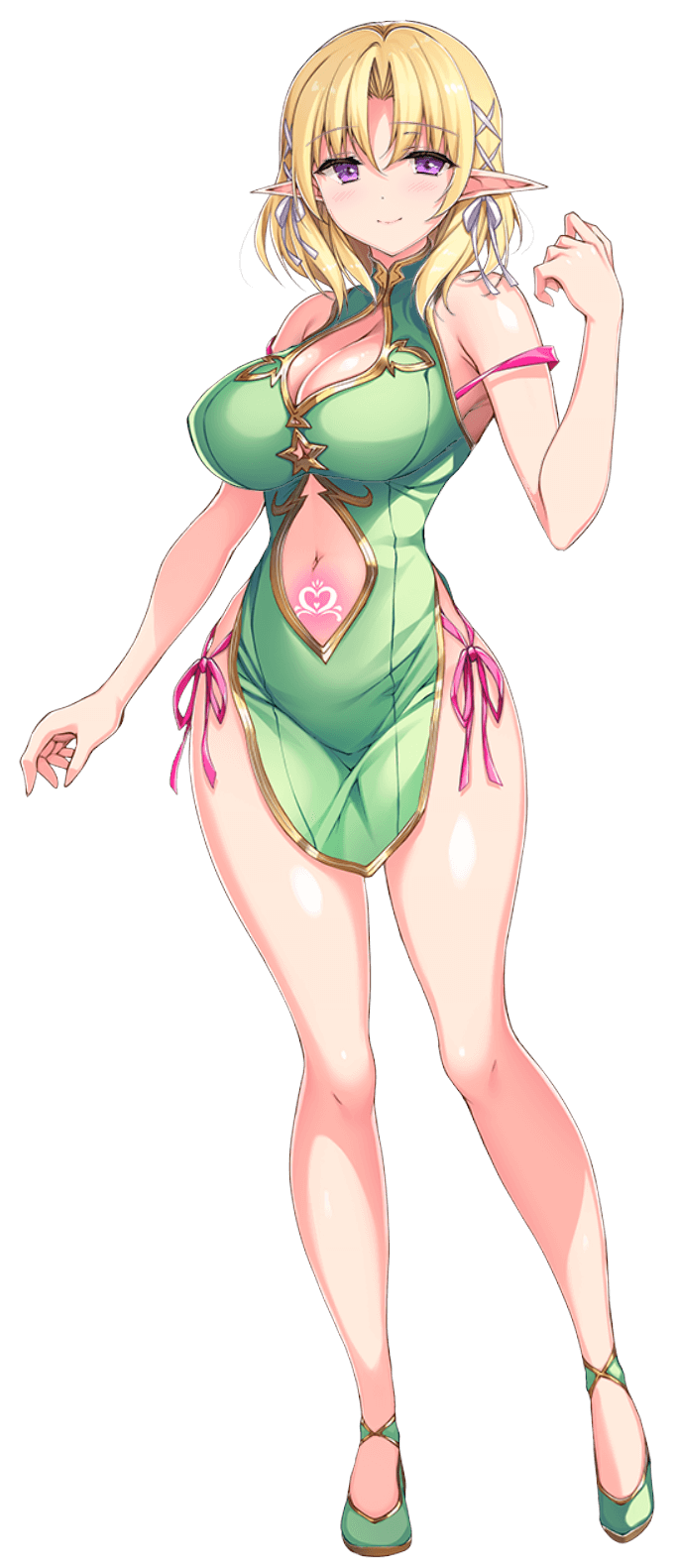 blonde_hair blue_eyes bra breasts cleavage_cutout clothing_cutout dress elf glowing_tattoo green_dress green_footwear hair_ribbon highres medium_breasts medium_hair ninoko original panties panty_peek parted_bangs pink_bra pink_panties pointy_ears pubic_tattoo ribbon shiny_skin short_hair side-tie_panties sleeveless smile stomach_cutout strap_slip string_panties tattoo underwear white_ribbon