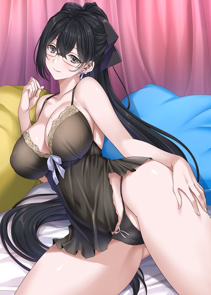 1girl arm_up bare_shoulders bed black_hair black_panties black_ribbon blush bow bow_panties breasts camisole cleavage collarbone commentary_request commission covered_navel covered_nipples crotch_seam glasses grey_eyes hair_ribbon hikinomiya_komori indie_virtual_youtuber indoors large_breasts lingerie long_hair looking_at_viewer lying mitarashi_kousei mole mole_on_breast on_bed on_side panties presenting ribbon skeb_commission smile solo thighs underwear virtual_youtuber