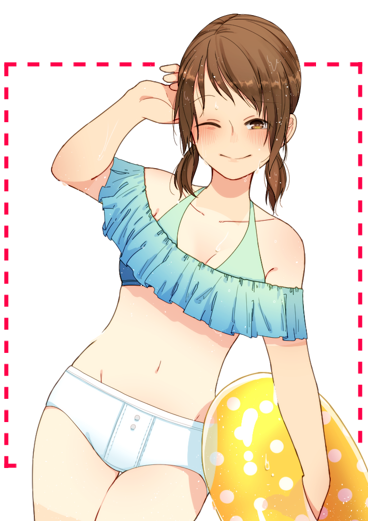 bangs bikini blue_bikini_top breasts brown_eyes brown_hair cleavage collarbone cowboy_shot eyebrows_visible_through_hair frilled_bikini_top holding holding_innertube innertube kantai_collection looking_at_viewer low_twintails mismatched_bikini navel one_eye_closed parted_bangs shirayuki_(kantai_collection) short_shorts short_twintails shorts small_breasts smile solo swimsuit tan tanaka_io_(craftstudio) tanline twintails wet white_background white_bikini_bottom white_shorts yellow_innertube