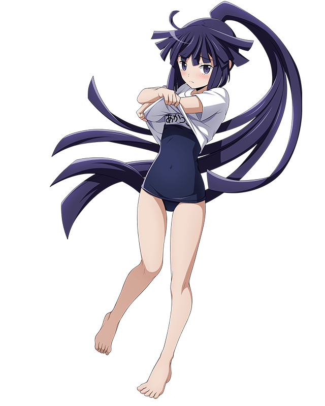 akatsuki_(log_horizon) barefoot blue_swimsuit blush character_name covered_navel embarrassed eyebrows_visible_through_hair floating_hair full_body high_ponytail log_horizon long_hair looking_at_viewer official_art one-piece_swimsuit purple_eyes purple_hair school_swimsuit shirt_lift short_sleeves solo swimsuit transparent_background very_long_hair