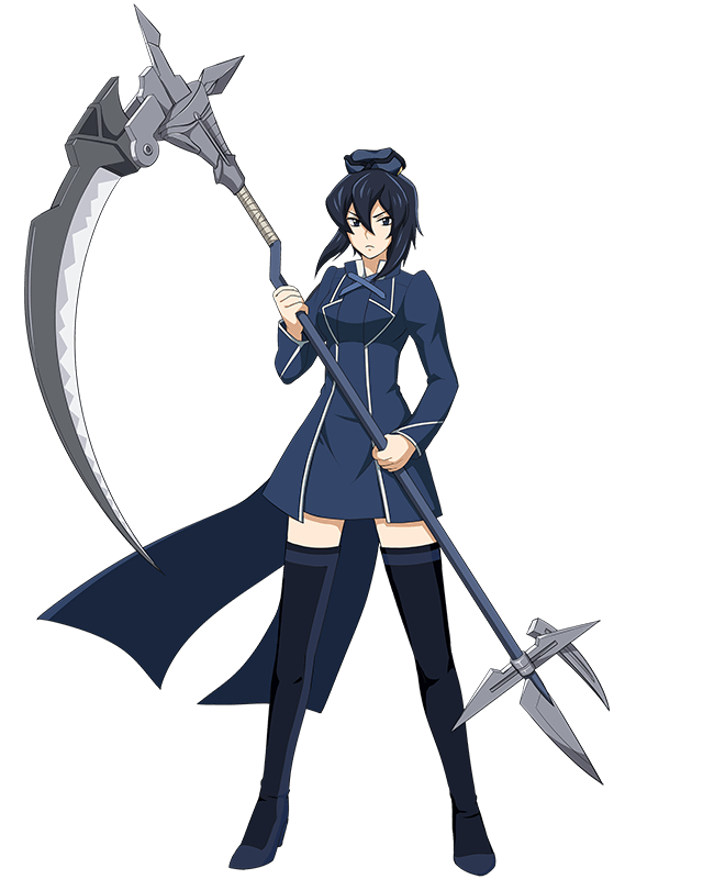 black_eyes black_footwear black_hair blue_dress boots breasts dress full_body hair_between_eyes hat holding holding_weapon log_horizon looking_at_viewer medium_breasts official_art round_table_concil_uniform scythe short_dress short_hair_with_long_locks sidelocks solo standing takayama_misa thigh_boots thighhighs transparent_background uniform weapon zettai_ryouiki