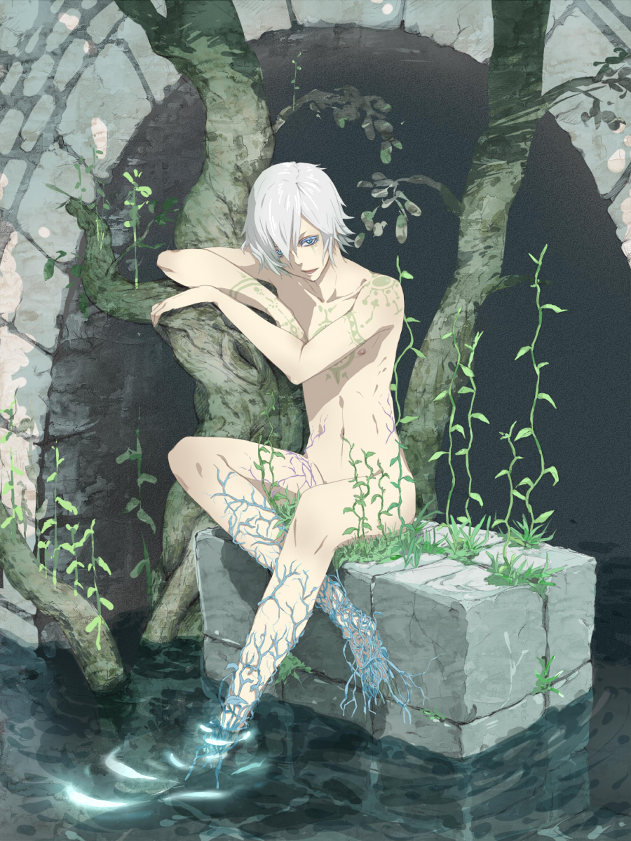 1boy bishounen blue_eyes highres looking_at_viewer male_focus navel nayu nude open_mouth original silver_hair tattoo tentacle water