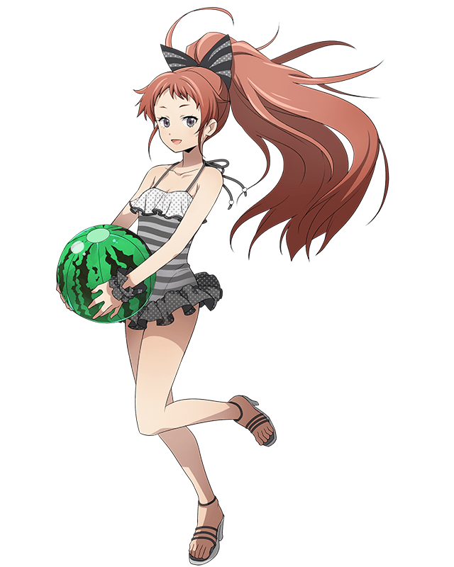 :d black_bow bow breasts brown_eyes brown_hair casual_one-piece_swimsuit cleavage collarbone floating_hair food fruit full_body hair_bow high_heels holding holding_food isami_(log_horizon) leg_up log_horizon long_hair looking_at_viewer official_art one-piece_swimsuit open_mouth polka_dot polka_dot_bow polka_dot_swimsuit small_breasts smile solo standing standing_on_one_leg striped striped_swimsuit swimsuit transparent_background very_long_hair watermelon