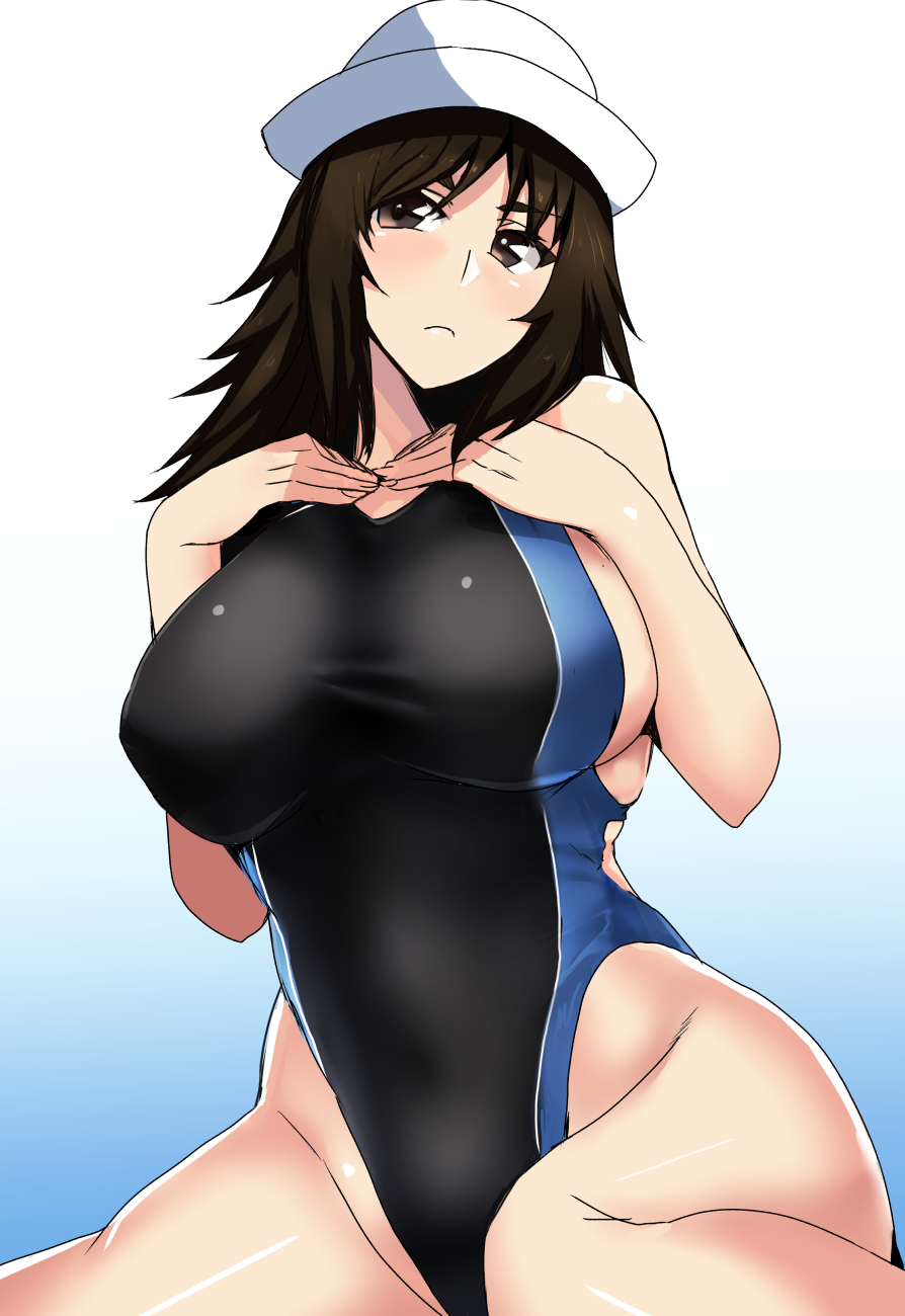 bangs black_eyes black_hair black_swimsuit blue_background breasts closed_mouth competition_swimsuit eyebrows_visible_through_hair frown girls_und_panzer gradient gradient_background hands_on_own_chest head_tilt highleg highleg_swimsuit highres koujun_(mugenzero) large_breasts long_hair looking_at_viewer murakami_(girls_und_panzer) one-piece_swimsuit sitting solo swimsuit wariza