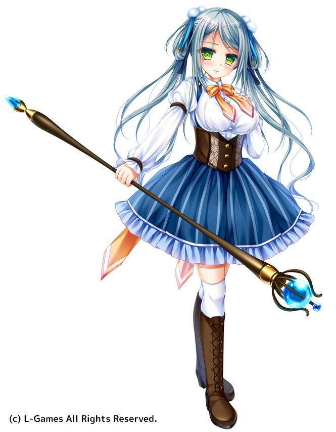 blue_skirt boots bow bowtie breasts brown_footwear character_request closed_mouth commentary_request corset cross-laced_footwear green_eyes green_hair hand_on_own_chest hand_up holding holding_staff koutetsu_no_shugo_hime_heidan-maiden_ritter- lace-up_boots large_breasts long_hair long_sleeves official_art orange_neckwear orb pleated_skirt pom_pom_(clothes) puffy_long_sleeves puffy_sleeves shirt shitou simple_background skirt sleeves_past_wrists smile solo staff standing striped thighhighs twintails vertical-striped_skirt vertical_stripes very_long_hair white_background white_legwear white_shirt