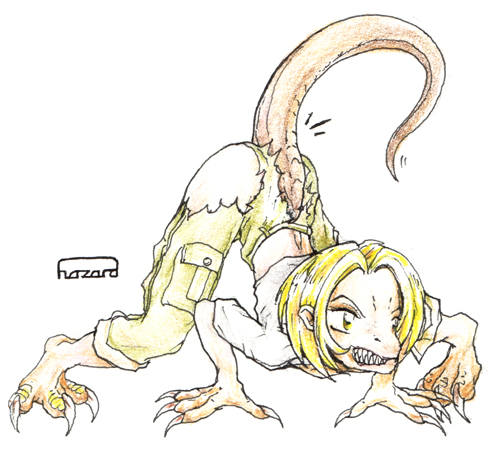 2002 all_fours angry anthro ass_up blonde_hair claws clenched_teeth clothing female hair hazard lizard pants reptile scalie shirt short_hair simple_background solo teeth torn_clothing transformation white_background