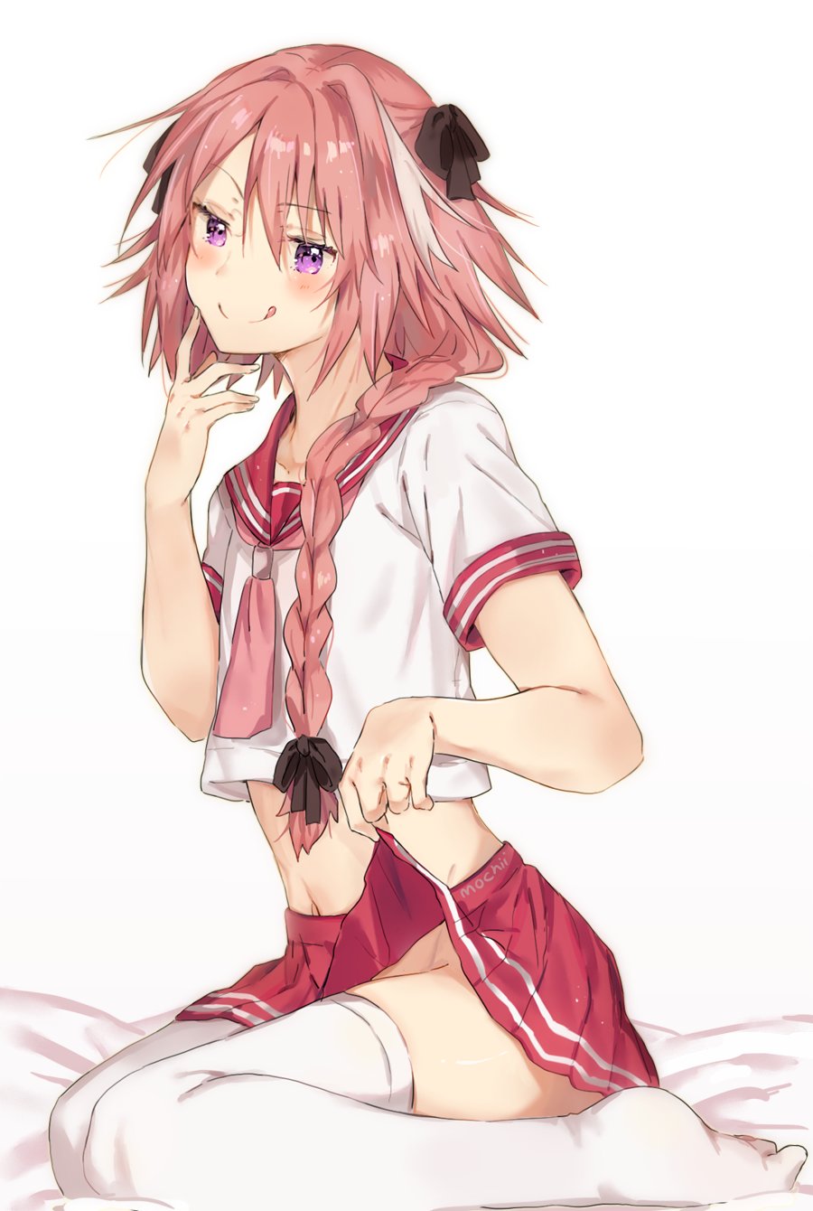 :q astolfo_(fate) bed_sheet black_bow blush bow braid commentary_request eyebrows_visible_through_hair fate/apocrypha fate_(series) from_side hair_bow hand_up highres long_hair male_focus midriff mochii multicolored_hair navel necktie no_panties otoko_no_ko pink_hair pink_neckwear pleated_skirt purple_eyes red_sailor_collar red_skirt sailor_collar shirt short_sleeves single_braid skirt skirt_lift smile solo streaked_hair thighhighs tongue tongue_out white_legwear white_shirt