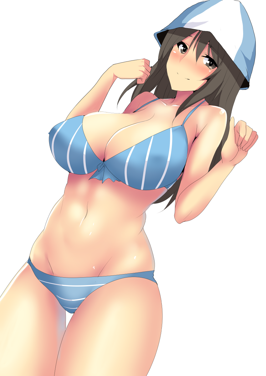 bikini blue_bikini blue_hat blush bow_bikini breasts brown_eyes brown_hair cleavage closed_mouth dutch_angle eyebrows_visible_through_hair girls_und_panzer hat highres koujun_(mugenzero) large_breasts long_hair mika_(girls_und_panzer) navel simple_background skindentation smile solo striped swimsuit thigh_gap vertical-striped_bikini vertical_stripes w_arms white_background