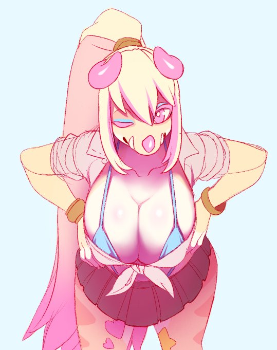 big_breasts bikini blonde_hair breasts chameleon chimereon cleavage clothed clothing female hair horn huge_breasts jackson's_chameleon lizard long_hair miniskirt non-mammal_breasts one_eye_closed pom_(seel_kaiser) ponytail reptile scalie seel_kaiser skimpy skirt swimsuit tied_shirt wink