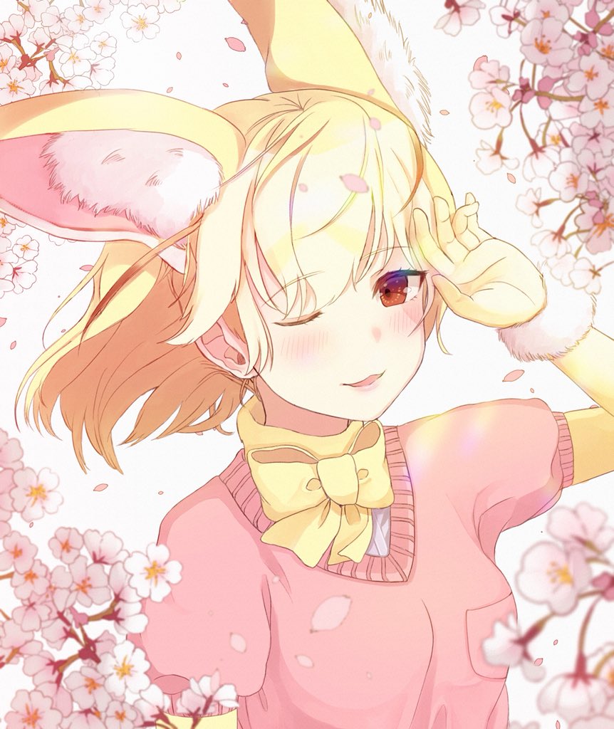 ancolatte_(onikuanco) animal_ears blonde_hair blurry blush bow bowtie breast_pocket brown_eyes cherry_blossoms commentary_request depth_of_field extra_ears eyebrows_visible_through_hair fennec_(kemono_friends) floating_hair fox_ears fur_trim gloves hand_up kemono_friends looking_at_viewer one_eye_closed petals pink_sweater pocket short_sleeve_sweater short_sleeves solo sweater upper_body yellow_gloves yellow_neckwear