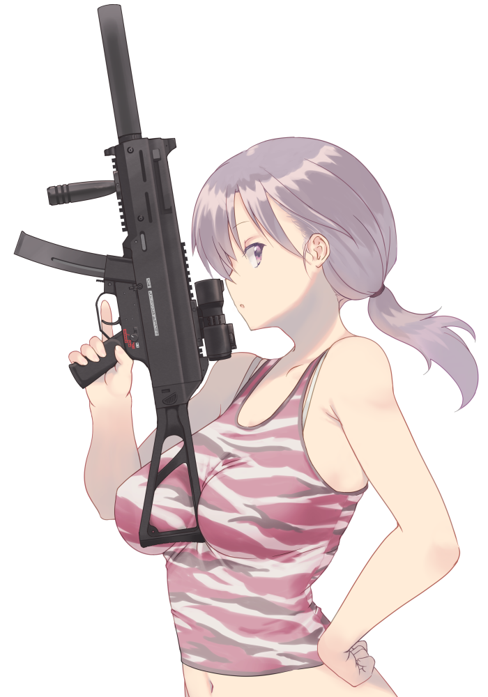 :o bangs bare_arms bare_shoulders between_breasts bra_strap breasts camouflage gun h&amp;k_ump hair_tie heckler_&amp;_koch holding holding_gun holding_weapon long_hair looking_at_viewer medium_breasts nakadori_(movgnsk) navel open_mouth playerunknown's_battlegrounds ponytail profile purple_eyes shiny shiny_hair silver_hair simple_background solo submachine_gun tank_top trigger_discipline upper_body weapon white_background