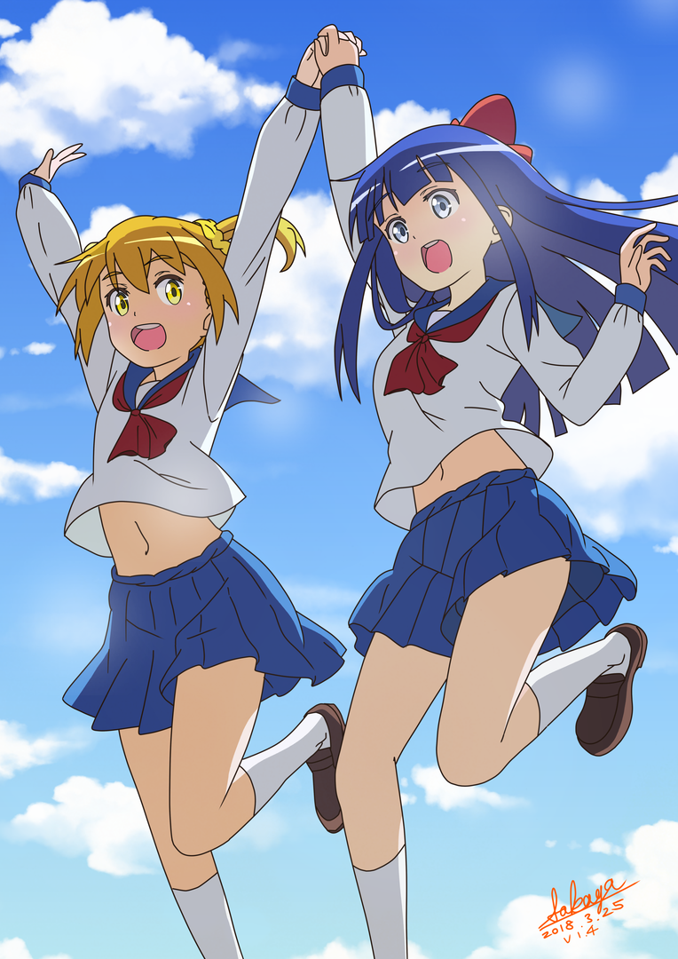 anime_coloring arm_up arms_up blue_eyes blue_hair blue_sailor_collar blue_skirt blue_sky bow brown_footwear cloud commentary_request dated day hair_bow hair_ornament hair_scrunchie hand_up holding_hands interlocked_fingers kirara_jump kneehighs loafers long_hair long_sleeves multiple_girls navel orange_hair outdoors pipimi pleated_skirt poptepipic popuko red_bow red_neckwear sailor_collar sakayaya school_uniform scrunchie serafuku shirt shoes signature skirt sky sleeves_past_wrists twintails very_long_hair white_legwear white_shirt yellow_eyes yellow_scrunchie