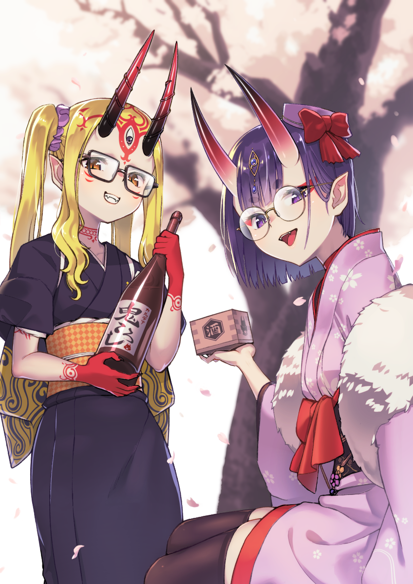 :d alcohol bangs bespectacled black-framed_eyewear black_kimono black_legwear blonde_hair bottle bow brown_eyes commentary_request eyebrows_visible_through_hair facial_mark fangs fate/grand_order fate_(series) floral_print fur_trim glasses grin hair_ornament hair_scrunchie hat highres holding holding_bottle horns ibaraki_douji_(fate/grand_order) japanese_clothes kimono long_hair long_sleeves looking_at_viewer masu mini_hat multiple_girls oni oni_horns open_mouth outdoors petals pink_hat pink_kimono pointy_ears print_kimono purple_eyes purple_hair purple_scrunchie red_bow round_eyewear sake sake_bottle saruchitan scrunchie short_hair short_kimono shuten_douji_(fate/grand_order) sidelocks sitting smile standing thick_eyebrows thighhighs tree twintails wide_sleeves
