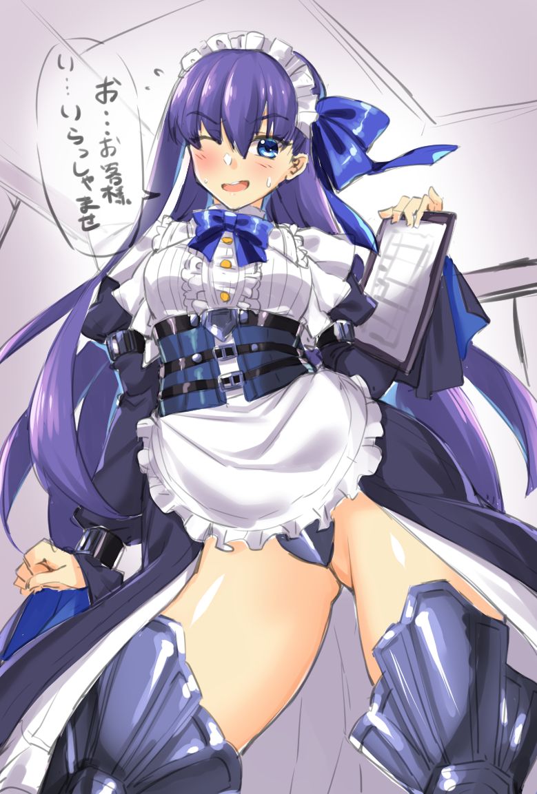 ;d alternate_costume blue_eyes blush clipboard crotch_plate enmaided fate/grand_order fate_(series) flying_sweatdrops hair_ribbon holding holding_clipboard long_hair maid maid_headdress meltlilith one_eye_closed open_mouth purple_hair ribbon shirokuma_a smile solo sweat very_long_hair