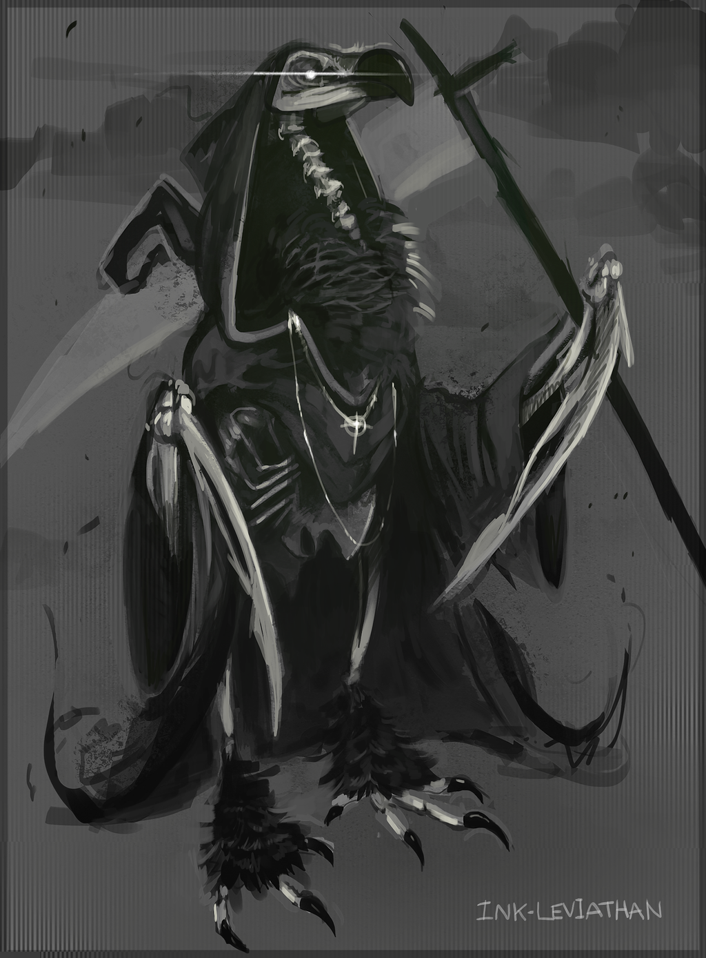 2016 anthro avian bird death_(character) digital_media_(artwork) holding_object holding_weapon ink-leviathan melee_weapon polearm scythe solo weapon