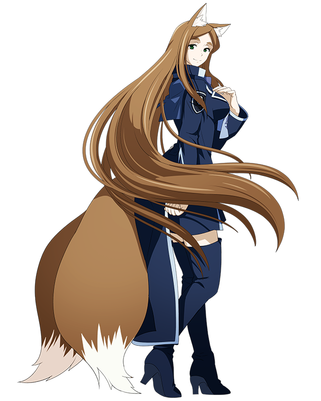 animal_ears blue_dress blue_footwear boots breasts brown_hair dress floating_hair fox_ears fox_tail from_side full_body green_eyes log_horizon long_hair looking_at_viewer medium_breasts multiple_tails official_art round_table_concil_uniform short_dress smile solo standing sylvia_(log_horizon) tail thigh_boots thighhighs transparent_background two_tails uniform very_long_hair zettai_ryouiki