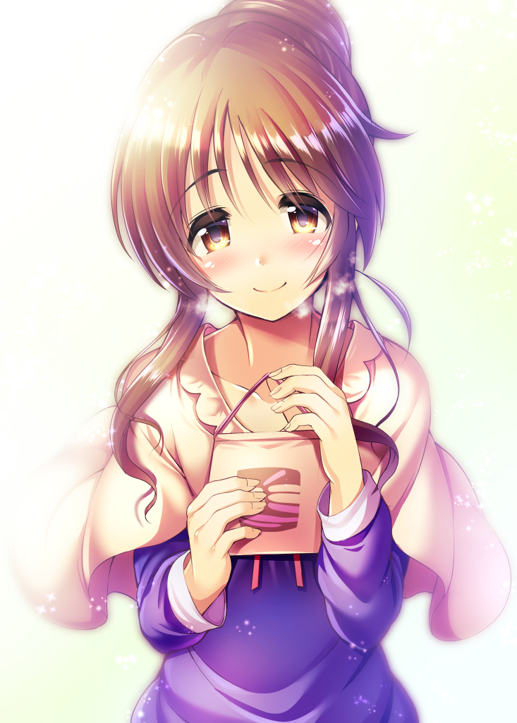 bag bangs breath brown_eyes brown_hair capelet closed_mouth collarbone dress eyebrows_visible_through_hair gradient gradient_background green_background hair_bun head_tilt holding holding_bag idolmaster idolmaster_cinderella_girls long_sleeves ment purple_dress shiny shiny_hair shopping_bag sidelocks smile solo takamori_aiko tareme two-handed upper_body white_capelet