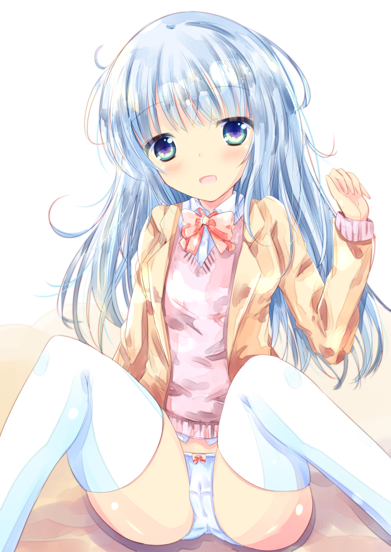 :d bangs blazer blue_eyes blue_hair blush bow bow_panties bowtie brown_jacket cameltoe collared_shirt commentary_request dress_shirt eyebrows_visible_through_hair hand_up head_tilt jacket long_hair long_sleeves looking_at_viewer no_pants open_mouth orange_neckwear original panties pink_sweater shihou_haru shirt sitting smile solo sweater thighhighs underwear very_long_hair white_legwear white_panties white_shirt
