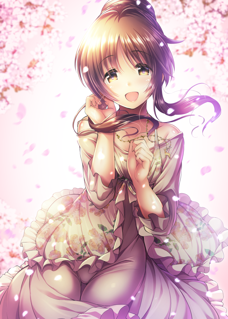 :d bare_shoulders blush brown_hair cherry_blossoms collarbone cowboy_shot day dress eyebrows_visible_through_hair floral_print frilled_dress frilled_sleeves frills grey_dress hair_bun hand_in_hair idolmaster idolmaster_cinderella_girls jewelry long_hair long_sleeves looking_at_viewer ment necklace off_shoulder open_mouth outdoors pendant petals rose_print shiny shiny_hair sidelocks sleeves_past_elbows smile solo spaghetti_strap spring_(season) standing strap_slip takamori_aiko tareme thigh_gap thighs