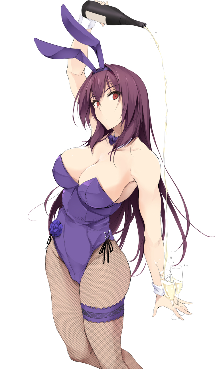 alcohol animal_ears bottle bow bowtie breasts bunny_ears bunnysuit commentary_request cowboy_shot cup decantering detached_collar drinking_glass fate/grand_order fate_(series) fishnet_pantyhose fishnets flower hair_intakes hairband highres large_breasts leotard long_hair looking_at_viewer pantyhose pouring purple_flower purple_hair purple_hairband purple_leotard purple_neckwear purple_rose red_eyes rose scathach_(fate)_(all) scathach_(fate/grand_order) simple_background solo standing strapless strapless_leotard white_background wine wine_bottle wine_glass wrist_cuffs zekkyon