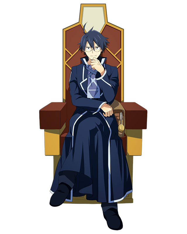 bag black_footwear blue_hair crossed_legs full_body glasses hair_between_eyes log_horizon looking_at_viewer male_focus official_art round_table_concil_uniform shiroe sitting smile solo transparent_background uniform
