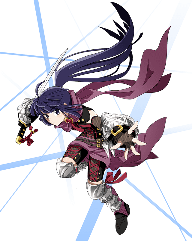 akatsuki_(log_horizon) belt black_footwear black_shorts elbow_gloves fingerless_gloves fishnet_gloves fishnets floating_hair full_body gloves holding holding_sword holding_weapon katana log_horizon long_hair looking_at_viewer official_art outstretched_arm ponytail purple_eyes purple_hair purple_scarf scarf shorts solo sword transparent_background very_long_hair weapon