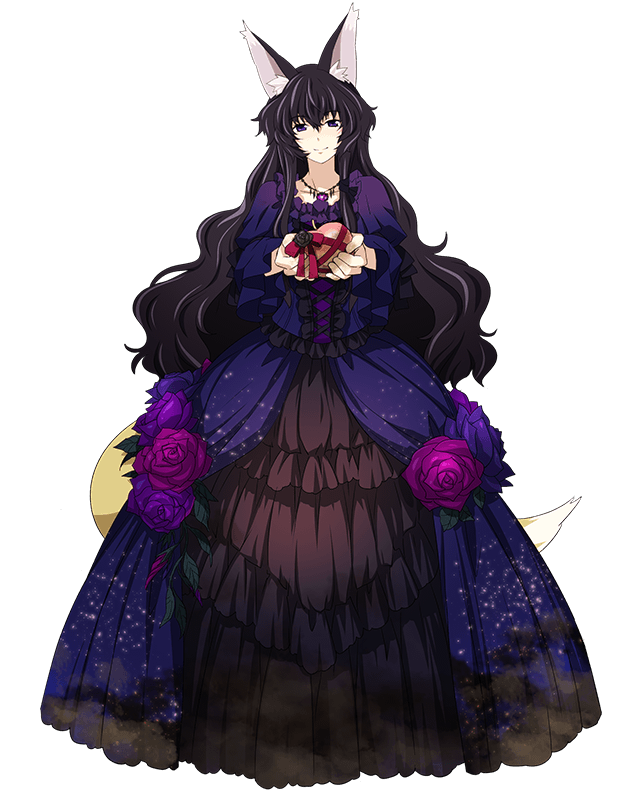 animal_ears black_hair box collarbone dress eyebrows_visible_through_hair flower fox_ears fox_tail full_body gift gift_box hair_between_eyes heart-shaped_box holding holding_box jewelry layered_dress log_horizon long_dress long_hair looking_at_viewer necklace nureha official_art purple_eyes purple_flower smile solo standing starry_sky_print tail transparent_background very_long_hair