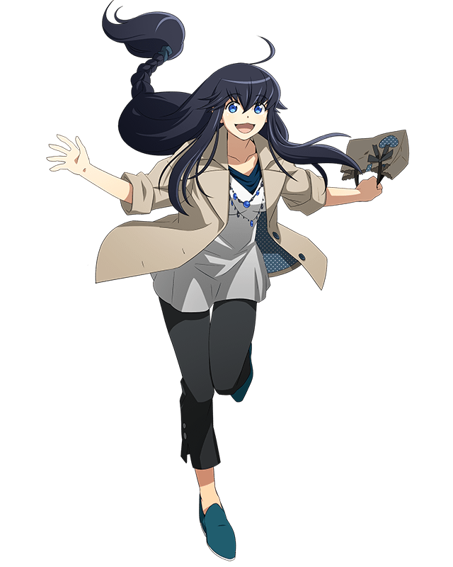 :d ahoge aqua_footwear bag black_hair black_pants blue_eyes breasts casual collarbone dress eyebrows_visible_through_hair floating_hair full_body grey_jacket hair_between_eyes holding holding_bag jacket jewelry kanami_(log_horizon) leg_up log_horizon long_hair looking_at_viewer medium_breasts necklace official_art open_clothes open_jacket open_mouth pants shoes short_dress smile solo standing standing_on_one_leg transparent_background very_long_hair white_dress