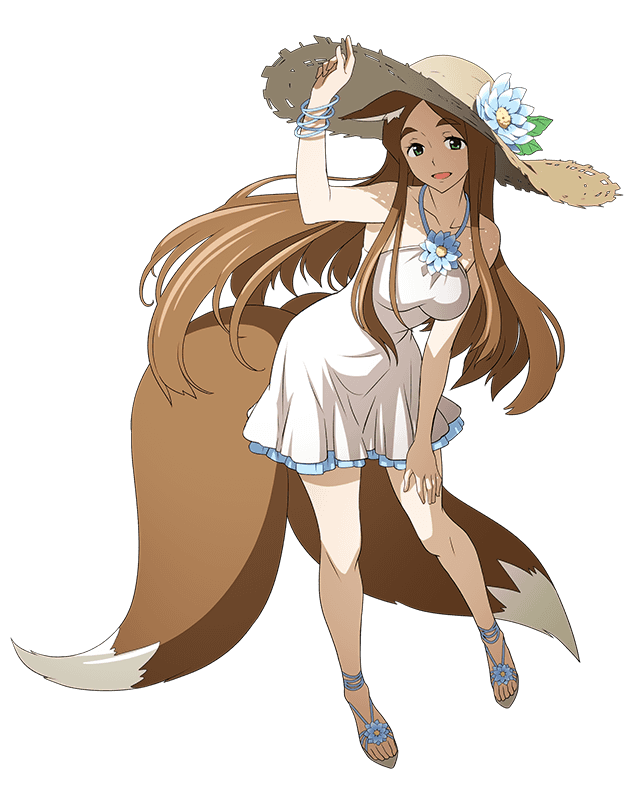 animal_ears arm_up blue_flower bracelet brown_hair collarbone dress floating_hair flower fox_ears fox_tail full_body green_eyes grey_hat hand_on_lap hat hat_flower jewelry layered_dress leaning_forward log_horizon long_hair looking_at_viewer multiple_tails official_art short_dress sleeveless sleeveless_dress solo straw_hat sun_hat sundress sylvia_(log_horizon) tail transparent_background two_tails very_long_hair white_dress