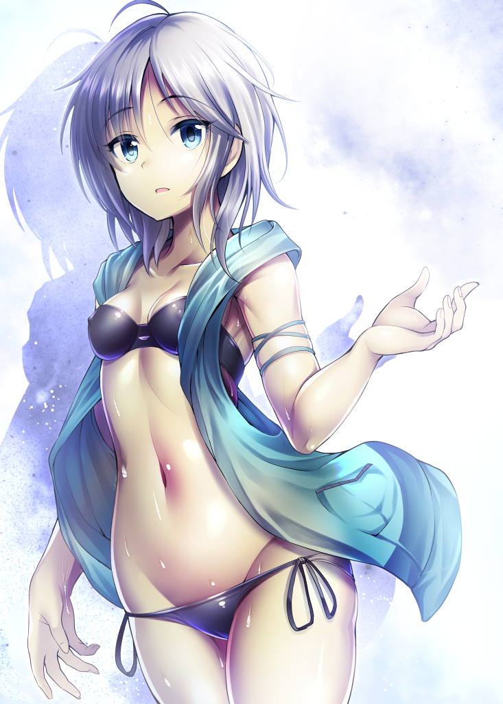 ahoge anastasia_(idolmaster) arm_ribbon bare_shoulders bikini black_bikini blue_eyes breasts idolmaster idolmaster_cinderella_girls jacket looking_at_viewer medium_breasts ment navel open_clothes open_jacket open_mouth ribbon short_hair side-tie_bikini silver_hair sleeveless_jacket solo swimsuit