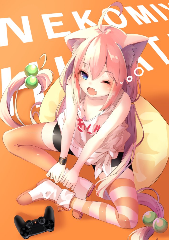 ahoge amahara_pekozaemon animal_ear_fluff animal_ears bike_shorts blue_eyes boots cat_ears character_name controller fang from_above game_controller hair_bobbles hair_ornament hinata_channel long_hair looking_up low_twintails mismatched_legwear nekomiya_hinata one_eye_closed open_mouth orange_background orange_legwear pillow pink_hair shorts sitting sleepy solo striped striped_legwear thighhighs twintails vest white_footwear white_vest wristband yawning