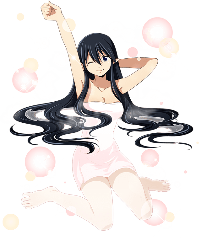 ;) arm_up armpits barefoot bathing black_eyes black_hair breasts cleavage collarbone eyebrows_visible_through_hair full_body hair_between_eyes kushi_yatama log_horizon long_hair looking_at_viewer medium_breasts naked_towel official_art one_eye_closed partially_submerged pointy_ears sitting smile solo towel transparent_background very_long_hair white_towel