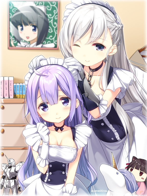 ;) ahoge azur_lane bangs belfast_(azur_lane) belfast_(azur_lane)_(cosplay) black_choker black_dress blue_eyes blush braid breasts brown_sailor_collar chain chest_of_drawers choker cleavage closed_mouth clothes_hanger collarbone commentary_request cosplay dress dressing_another elbow_gloves eyebrows_visible_through_hair gloves gundam gundam_unicorn hair_between_eyes hand_up head_tilt horie_yui indoors karakusa_(pattern) long_hair looking_at_viewer maid maid_headdress matching_outfit medium_breasts multiple_girls one_eye_closed photo_(object) picture_frame purple_eyes purple_hair sailor_collar school_uniform seiyuu_connection serafuku siesta silver_hair smile stuffed_alicorn stuffed_animal stuffed_toy unicorn_(azur_lane) unicorn_gundam usume_shirou very_long_hair white_gloves zero_no_tsukaima