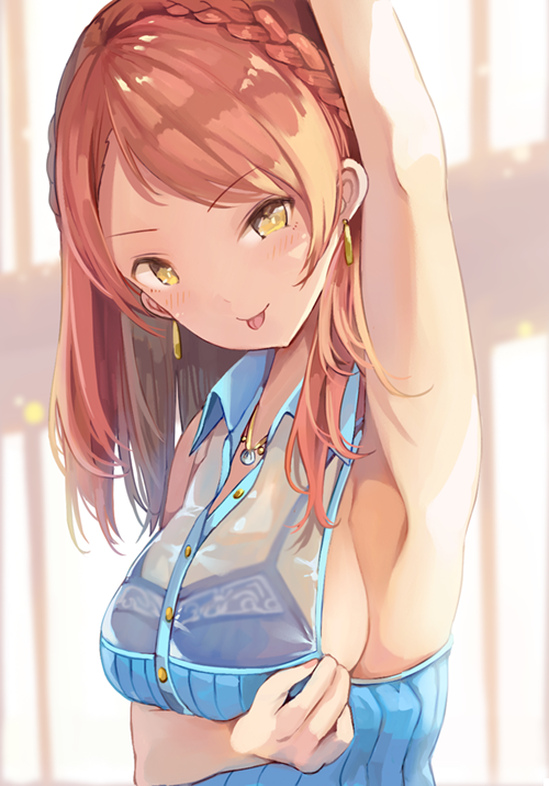 arm_under_breasts arm_up armpits bare_shoulders blue_bra blue_shirt bra braid breast_hold breasts collared_shirt commentary_request earrings eyebrows_visible_through_hair heri houjou_karen idolmaster idolmaster_cinderella_girls indoors jewelry long_hair looking_at_viewer medium_breasts necklace pendant see-through shirt sleeveless tongue tongue_out underwear upper_body v-shaped_eyebrows wing_collar yellow_eyes