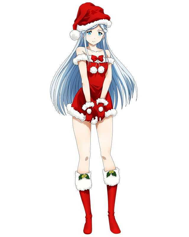 blue_eyes blush boots bow collarbone dress dress_tug full_body fur_trim gloves hat log_horizon long_hair looking_away official_art red_bow red_dress red_footwear red_gloves red_hat reinesia_el_arte_cowen santa_boots santa_costume santa_hat silver_hair sleeveless sleeveless_dress solo standing strapless strapless_dress transparent_background very_long_hair