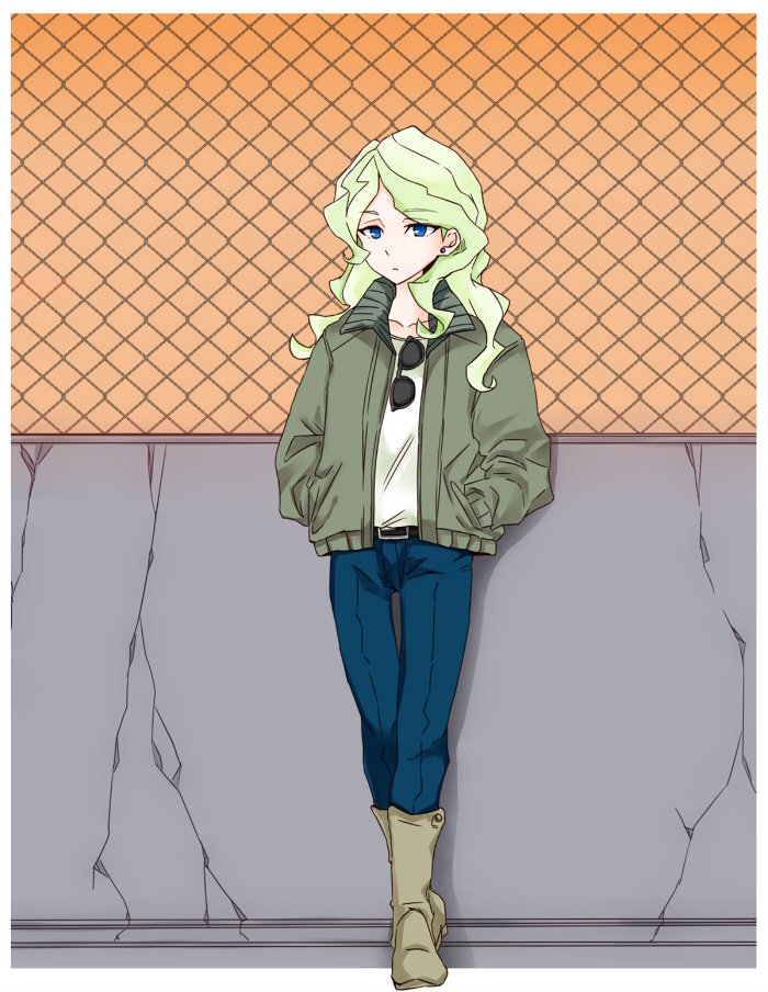blonde_hair blue_eyes boots commentary_request denim diana_cavendish earrings fence hands_in_pockets jacket jeans jewelry little_witch_academia pants raisun solo sunglasses