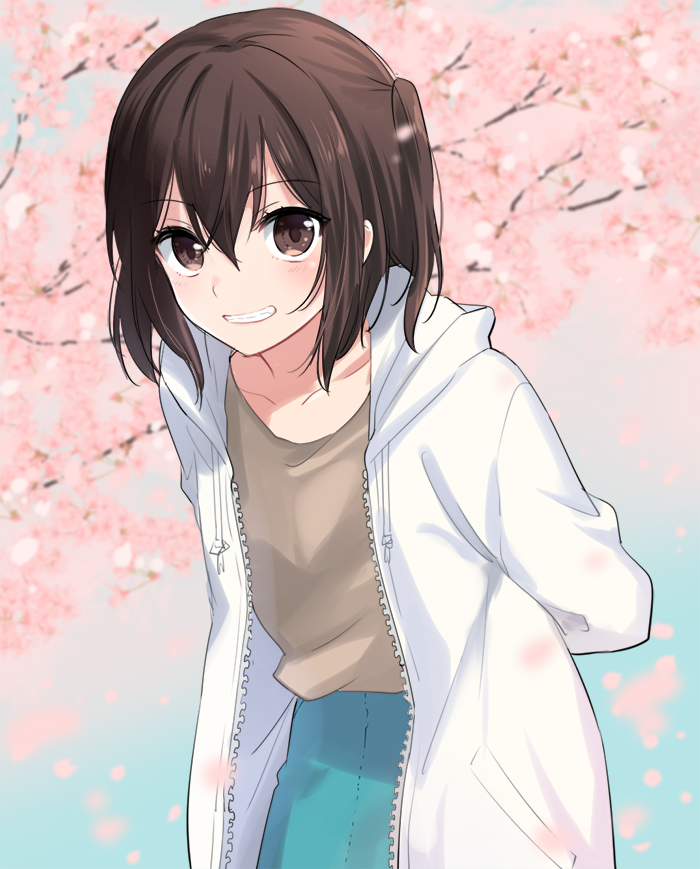 arms_behind_back blue_skirt blush brown_eyes brown_shirt cherry_blossoms coat commentary eyebrows_visible_through_hair grin hair_between_eyes ica kantai_collection leaning_forward long_sleeves looking_at_viewer open_clothes open_coat sendai_(kantai_collection) shirt short_hair skirt smile solo tree two_side_up