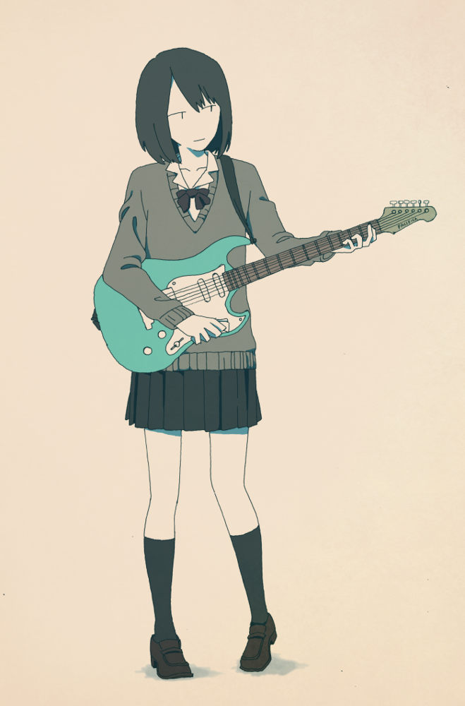 bad_id bad_pixiv_id black_legwear black_skirt brown_footwear commentary_request electric_guitar full_body guitar holding holding_instrument instrument kneehighs light_brown_background loafers long_sleeves monochrome muted_color original otomika pleated_skirt school_uniform shoes simple_background skirt solo standing