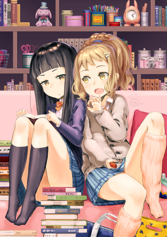 annoyed bad_id bad_pixiv_id bangs black_hair black_legwear blue_skirt blunt_bangs book book_stack bow brown_hair cardigan chocolate garutaisa kneehighs long_hair long_sleeves looking_at_another miniskirt multiple_girls open_book open_mouth original pink_legwear pleated_skirt ponytail school_uniform sitting skirt smile straight_hair thighs yellow_eyes