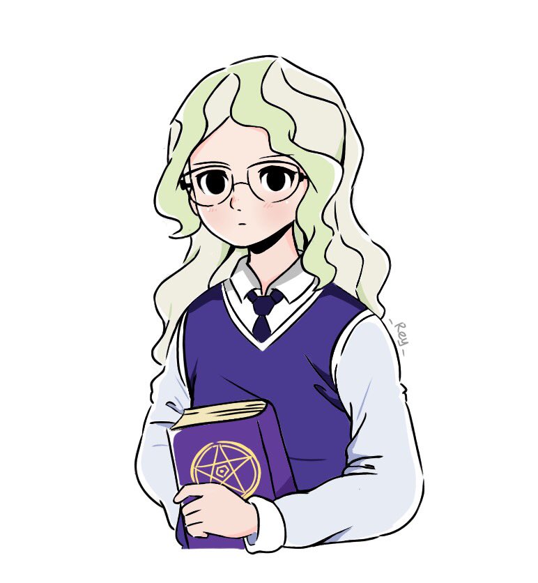 blue_neckwear blush book closed_mouth diana_cavendish expressionless glasses grimoire holding holding_book light_green_hair little_witch_academia long_hair looking_at_viewer necktie purple_vest rey_2911 shirt simple_background solo upper_body vest white_background white_shirt