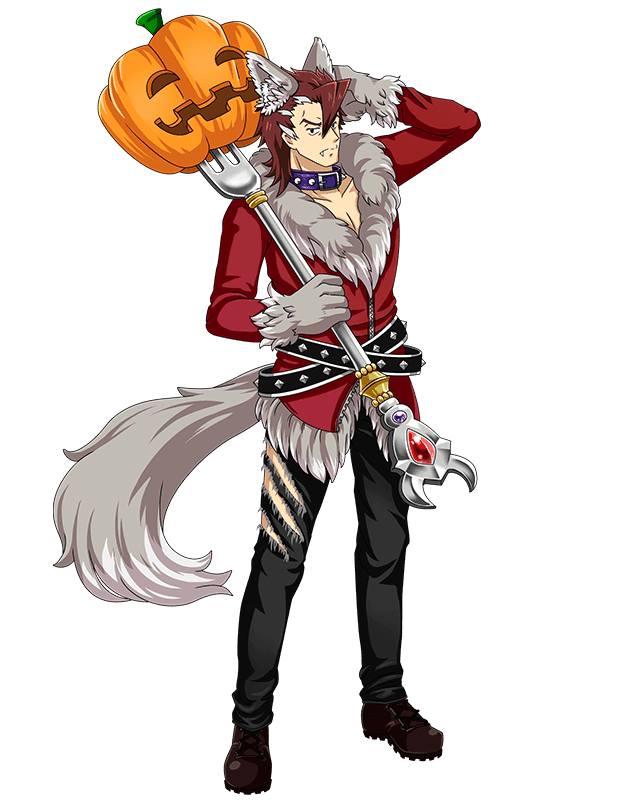 animal_ears belt black_pants boots brown_footwear brown_hair collar collarbone fang_out fox_ears fox_tail full_body halloween_costume hand_on_head holding isaac_(log_horizon) log_horizon looking_at_viewer male_focus official_art pants pumpkin solo standing tail torn_clothes torn_pants transparent_background