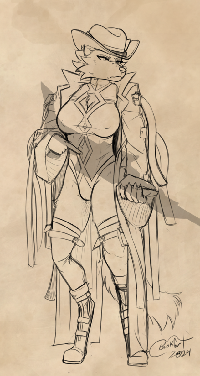angry anthro belt blokfort bodysuit boots breasts canid canine canis clothing coat cowboy_hat coyote female footwear fur hat headgear headwear hi_res leotard mammal nipple_outline shoes sketch skinsuit tight_clothing topwear trenchcoat