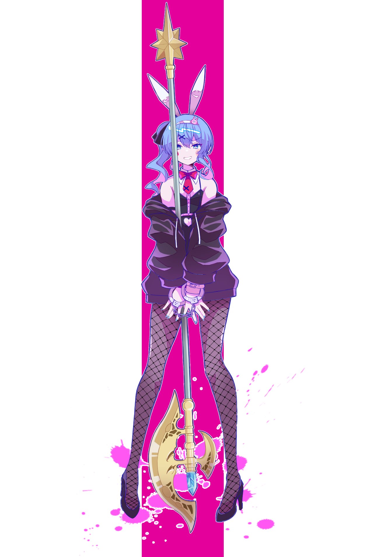 1girl alternate_costume animal_ears axe bar_censor black_leotard blue_eyes blue_hair blue_nails bow bowtie censored clothing_cutout cuffs detached_collar fake_animal_ears fishnet_pantyhose fishnets grin hair_ornament handcuffs heart_cutout high_heels highres holding holding_axe hololive hoshimachi_suisei jacket leotard nail_polish off_shoulder pantyhose parody playboy_bunny rabbit_ears rabbit_hole_(vocaloid) red_bow red_bowtie sakkintyudoku side_ponytail smile solo teardrop_facial_mark virtual_youtuber vocaloid x_hair_ornament
